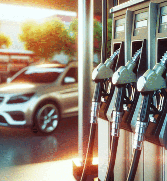 Nærbilde av flere drivstoffpumper og en bruktbil i bakgrunnen, moderne, klart dagslys, informativt og profesjonelt
