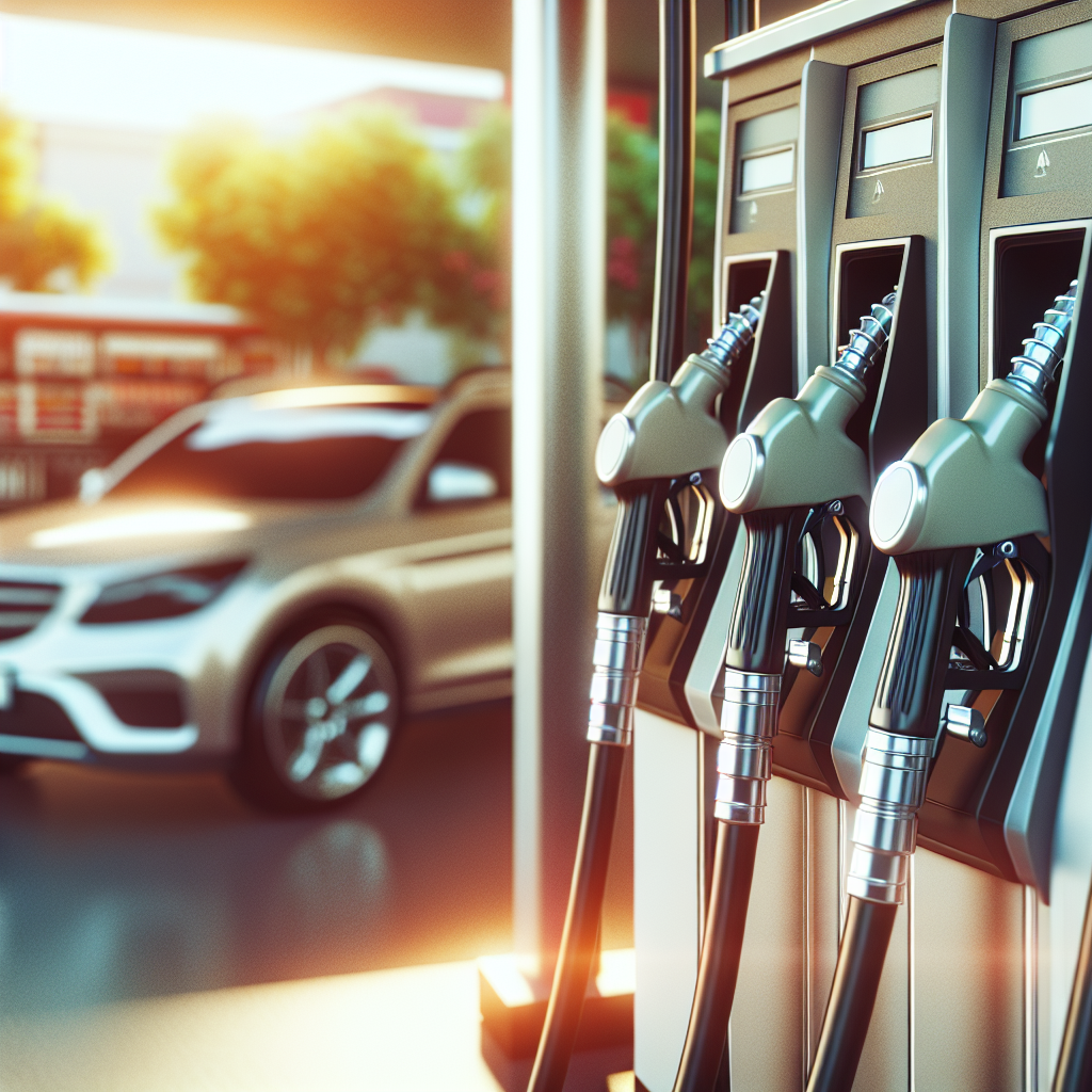 Nærbilde av flere drivstoffpumper og en bruktbil i bakgrunnen, moderne, klart dagslys, informativt og profesjonelt